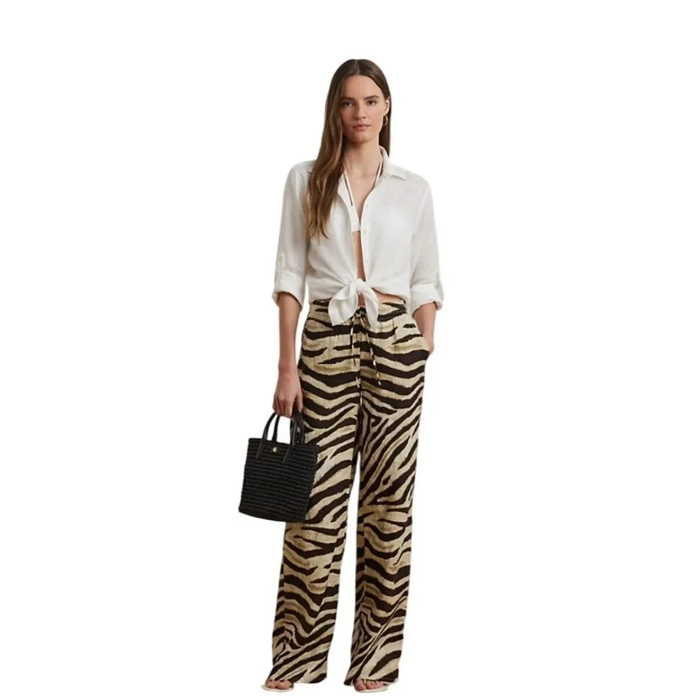 Lauren Ralph Lauren NWT SZ2P Zebra Print Wide Leg Pant Drawstring Bone chocolate - Picture 2 of 14